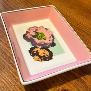 J Crew Ceramic Pink Flower Jewelry Tray Trinket Dish Pink Border Gold Trim